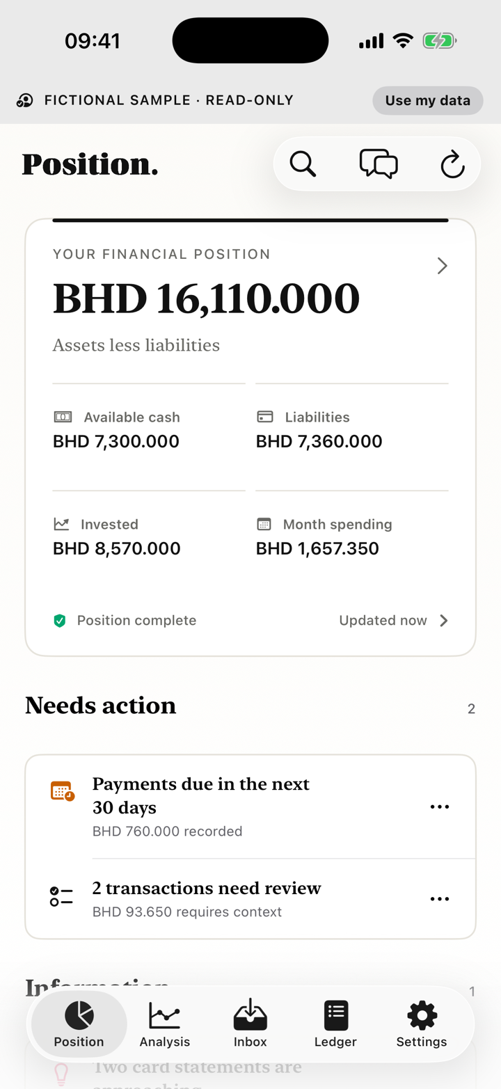 Position home showing a fictional verified position with cash, investments, liabilities, spending and action items