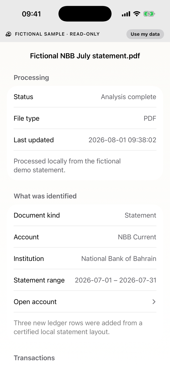 Position Inbox showing a completed fictional statement import with identified account, period and ledger rows