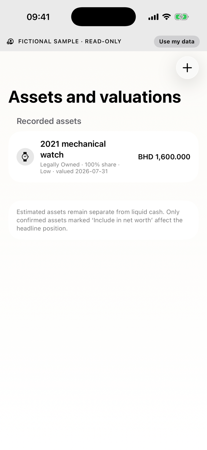 Position Assets and valuations showing a fictional manual watch estimate with ownership, date and low confidence