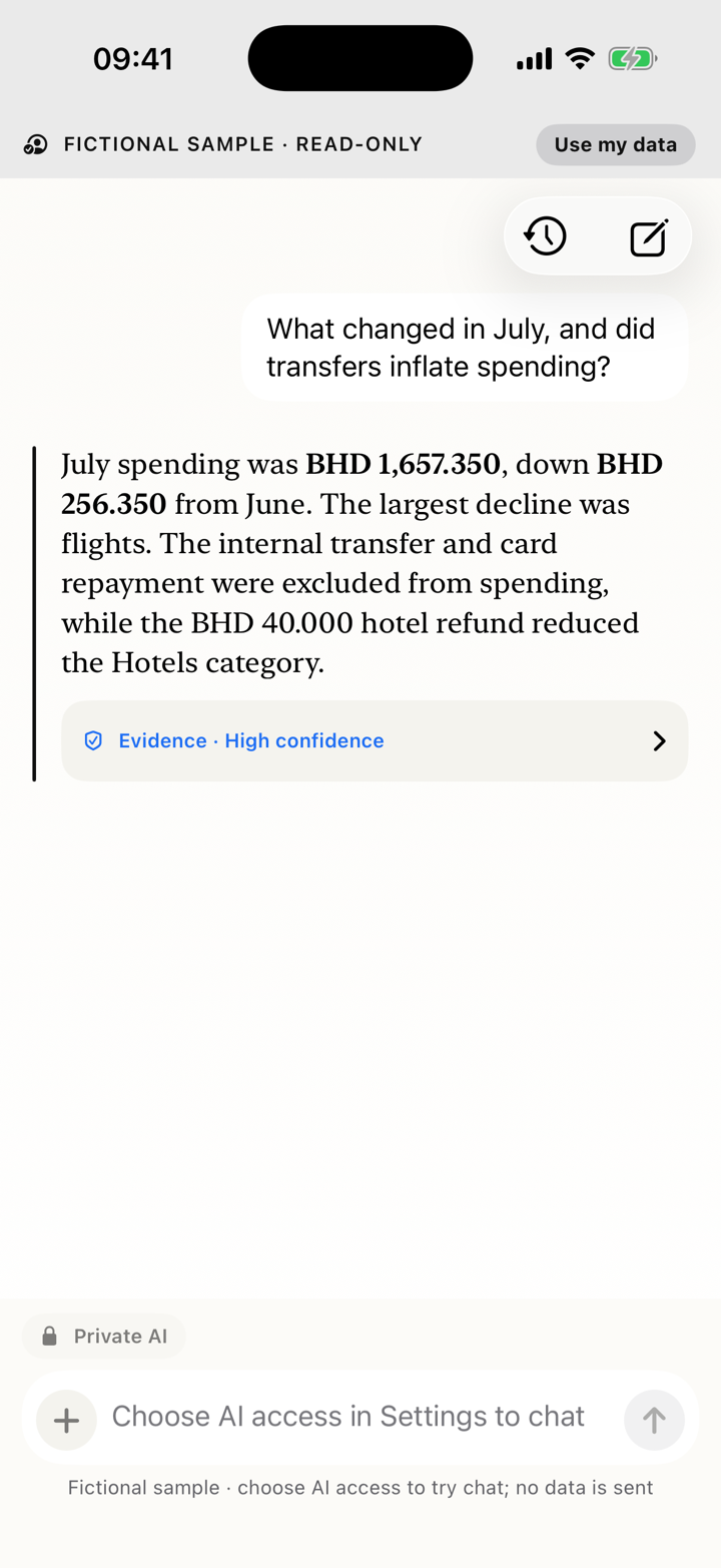 Position Chat showing a fictional completed-month answer with exclusions, refund treatment and a high-confidence evidence control
