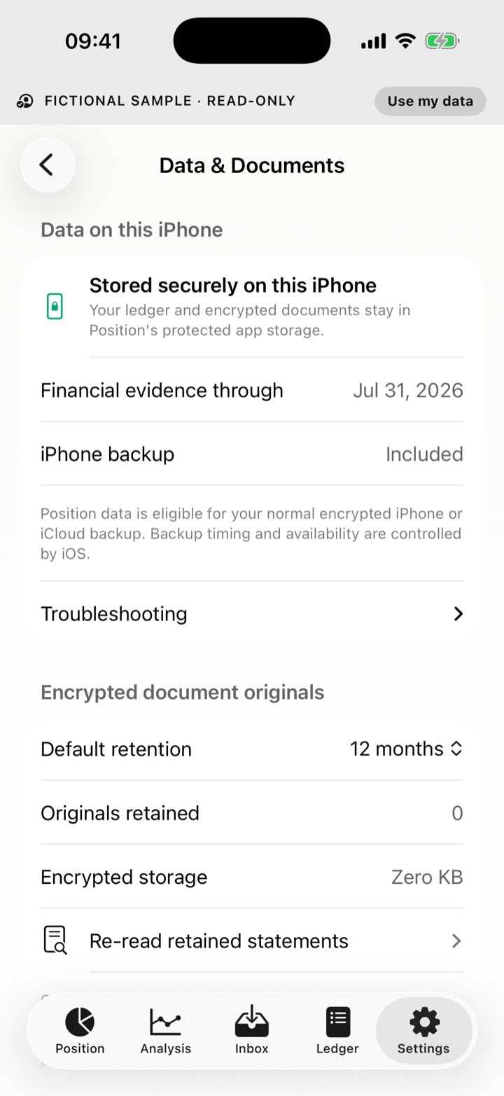 Position Data and Documents settings showing fictional protected local storage, iPhone backup eligibility and original-retention controls
